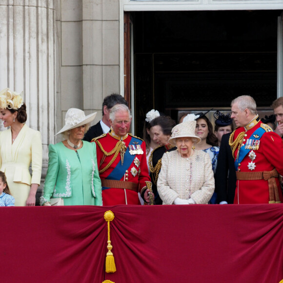 Le prince William, duc de Cambridge, et Catherine (Kate) Middleton, duchesse de Cambridge, le prince George de Cambridge, la princesse Charlotte de Cambridge, le prince Louis de Cambridge, Camilla Parker Bowles, duchesse de Cornouailles, le prince Charles, prince de Galles, la reine Elisabeth II d'Angleterre, le prince Andrew, duc d'York, le prince Harry, duc de Sussex, et Meghan Markle, duchesse de Sussex - La famille royale au balcon du palais de Buckingham lors de la parade Trooping the Colour 2019, célébrant le 93ème anniversaire de la reine Elisabeth II, Londres, le 8 juin 2019.