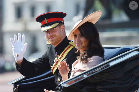 Le prince Harry, duc de Sussex, et Meghan Markle, duchesse de Sussex - Les membres de la famille royale britannique lors du rassemblement militaire "Trooping the Colour" (le "salut aux couleurs"), célébrant l'anniversaire officiel du souverain britannique. Cette parade a lieu à Horse Guards Parade, chaque année au cours du deuxième samedi du mois de juin.