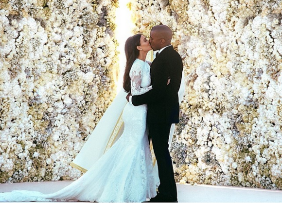 Kim Kardashian et Kanye West lors de leur mariage à Florence, en mai 2014.