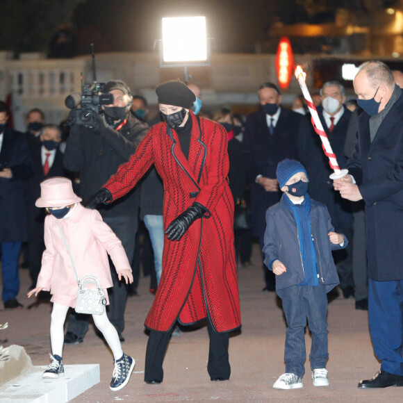 Le prince Albert II de Monaco, sa femme la princesse Charlene et leurs enfants le prince héréditaire Jacques et la princesse Gabriella durant la célébration de la Sainte Dévote, Sainte patronne de Monaco, à Monaco le 26 janvier 2021. © Claudia Albuquerque /Bestimage