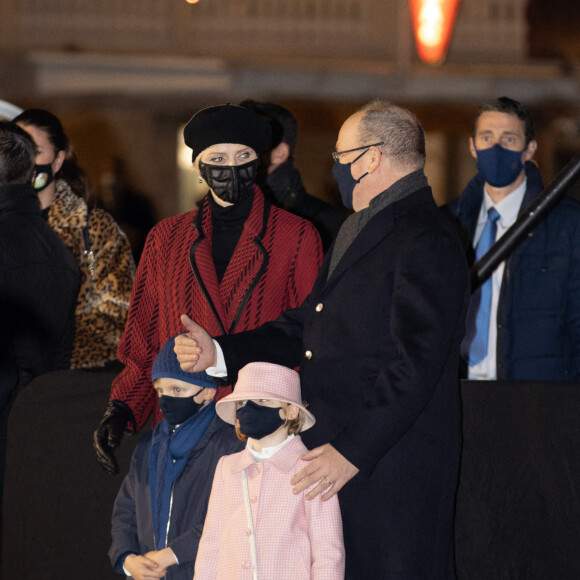 Le prince Albert II de Monaco, sa femme la princesse Charlene et leurs enfants le prince héréditaire Jacques et la princesse Gabriella durant la célébration de la Sainte Dévote, Sainte patronne de Monaco, à Monaco le 26 janvier 2021. © Olivier Huitel / Pool Monaco /Bestimage