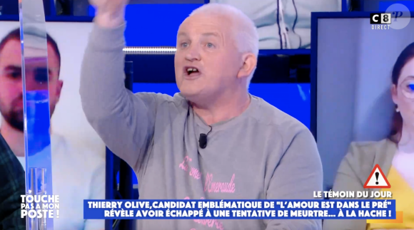 Thierry Olive (agriculteur de "L'amour est dans le pré") a été violemment agressé par un voisin. Il raconte la scène dans "Touche pas à mon poste", sur C8 le 2 février 2021.