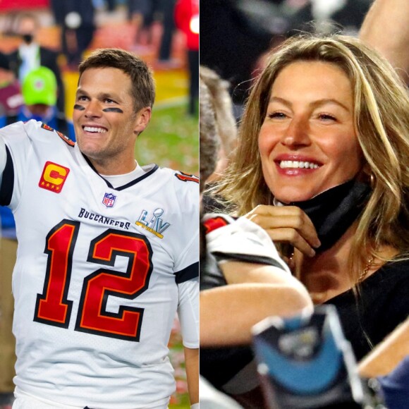 Tom Brady fêtant son septième Super Bowl avec sa femme Gisele Bündchen au Raymond James Stadium à Tampa, le 7 février 2021. Les Buccaneers (avec Tom Brady) ont battu les Chiefs 31-9.