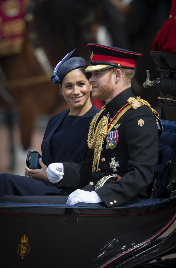 Le prince Harry, duc de Sussex, et Meghan Markle, duchesse de Sussex, première apparition publique de la duchesse depuis la naissance du bébé royal Archie lors de la parade Trooping the Colour 2019, célébrant le 93ème anniversaire de la reine Elisabeth II, au palais de Buckingham, Londres, le 8 juin 2019. 