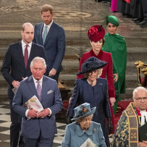 Le prince William, duc de Cambridge, et Catherine (Kate) Middleton, duchesse de Cambridge, Le prince Charles, prince de Galles, et Camilla Parker Bowles, duchesse de Cornouailles, La reine Elisabeth II d'Angleterre, Le prince Harry, duc de Sussex, Meghan Markle, duchesse de Sussex - La famille royale d'Angleterre lors de la cérémonie du Commonwealth en l'abbaye de Westminster à Londres le 9 mars 2020.