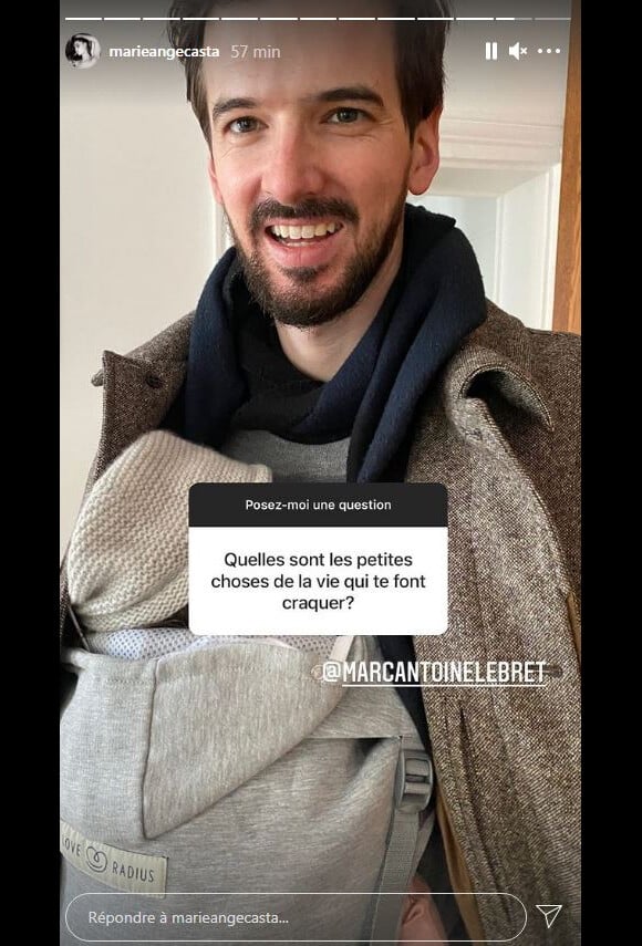Marie-Ange Casta a publié une photo de son mari Marc-Antoine Le Bret avec leur deuxième enfant, le 21 février 2021 sur Instagram.