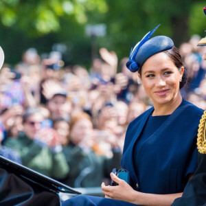 Le prince Harry, duc de Sussex, et Meghan Markle, duchesse de Sussex, première apparition publique de la duchesse depuis la naissance du bébé royal Archie lors de la parade Trooping the Colour 2019, célébrant le 93ème anniversaire de la reine Elisabeth II, au palais de Buckingham, Londres, le 8 juin 2019.