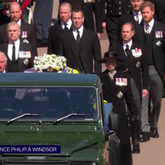 Le prince Charles, la princesse Anne, le prince Andrew et le prince Edward, le prince William, Peter Phillips et le prince Harry - Obsèques du prince Philip au château de Windsor, samedi 17 avril 2021.