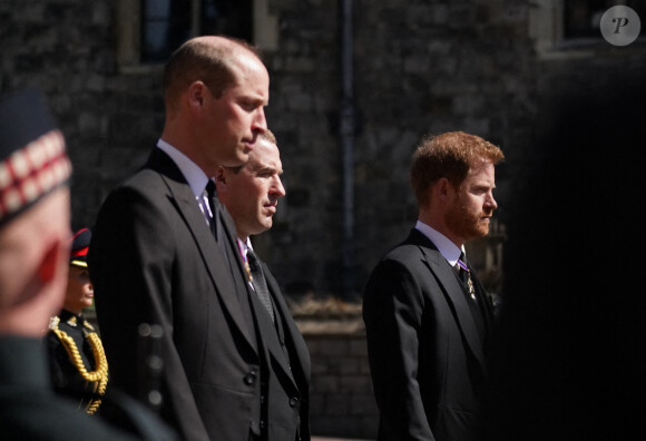 Le prince William, Peter Phillips et le prince Harry - Obsèques du prince Philip à la chapelle Saint-Georges du château de Windsor, le 17 avril 2021.