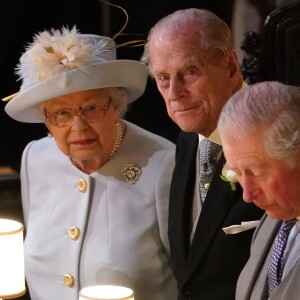 La reine Elisabeth II d'Angleterre, le prince Philip, duc d'Edimbourg, le prince Charles, prince de Galles - Cérémonie de mariage de la princesse Eugenie d'York et Jack Brooksbank en la chapelle Saint-George au château de Windsor le 12 octobre 2018.