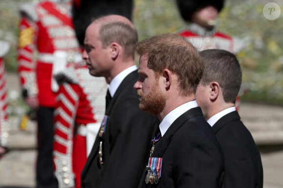 Le prince Harry, duc de Sussex, Peter Phillips, le prince William, duc de Cambridge - Arrivées aux funérailles du prince Philip, duc d'Edimbourg à la chapelle Saint-Georges du château de Windsor.