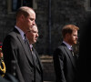 Le prince Harry, duc de Sussex, le prince William, duc de Cambridge et Peter Phillips - Arrivées aux funérailles du prince Philip, duc d'Edimbourg à la chapelle Saint-Georges du château de Windsor, le 17 avril 2021. 