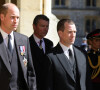 Le prince William, duc de Cambridge, et Peter Phillips - Arrivées aux funérailles du prince Philip, duc d'Edimbourg à la chapelle Saint-Georges du château de Windsor, le 17 avril 2021. 