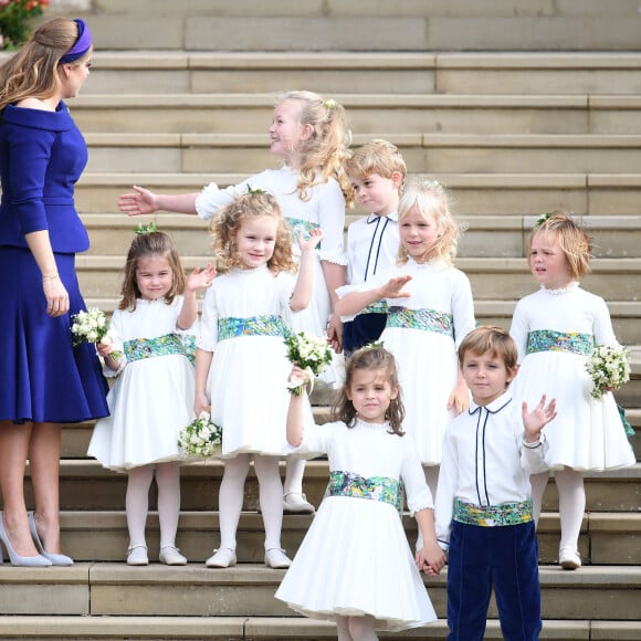 Sarah Ferguson, la princesse Beatrice d'York, la princesse Charlotte de Cambridge, le prince George de Cambridge, Theodora Williams, le fille de Robbie Williams - Sorties après la cérémonie de mariage de la princesse Eugenie d'York et Jack Brooksbank en la chapelle Saint-George au château de Windsor le 12 octobre 2018.