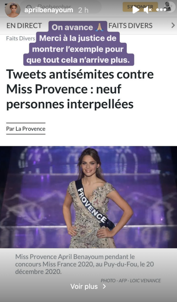 April Benayoum, Miss Provence victime de tweets antisémites, se réjouit de l'interpellation de neufs personnes dans le cadre de l'enquête.