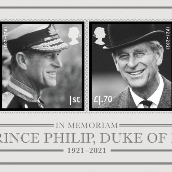 Timbres à l'effigie du prince Philip, duc d'Edimbourg, publiés par la poste royale un mois après le décès de ce dernier. Le 13 mai 2021.