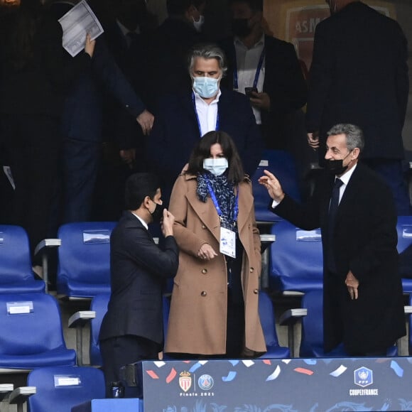 Anne Hidalgo, Noel Le Graet, Nicolas Sarkozy, Nasser al Khelaifi et Emmanuel Macron assistent à la victoire du Paris Saint Germain 2 à 0 face à Monaco en finale de Coupe de France au Stade de France à Saint-Denis le 19 mai 2021. © JB Autissier / Panoramic / Bestimage