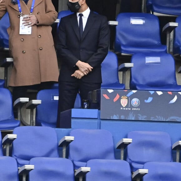 Anne Hidalgo, Noel Le Graet, Nicolas Sarkozy, Nasser al Khelaifi et Emmanuel Macron assistent à la victoire du Paris Saint Germain 2 à 0 face à Monaco en finale de Coupe de France au Stade de France à Saint-Denis le 19 mai 2021. © JB Autissier / Panoramic / Bestimage