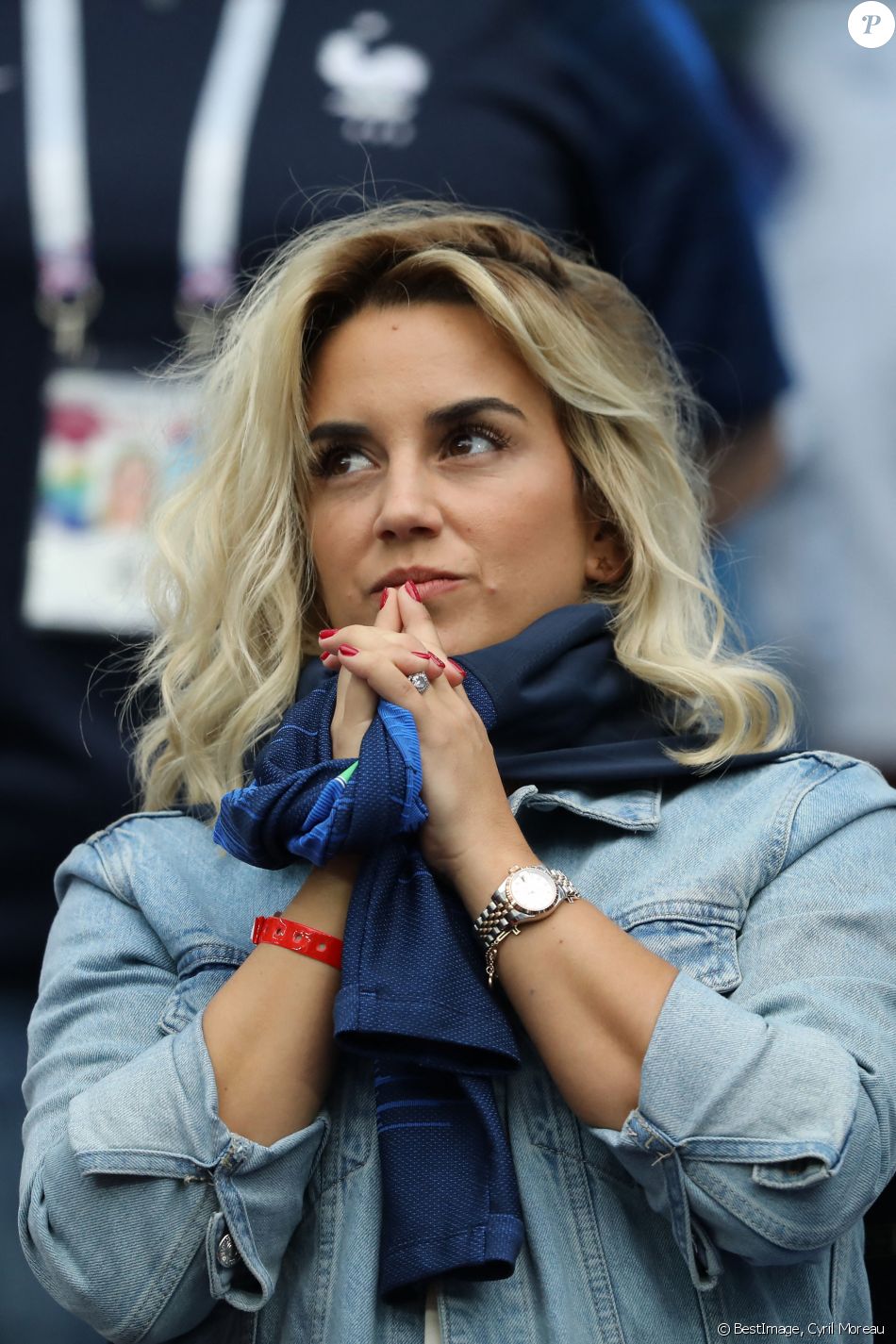 Erika Choperena dans les tribunes lors des quarts de finale de la Coupe du monde opposant la France à l'Uruguay au stade de Nijni Novgorod à Nijni Novgorod, Russie, le 6 juillet 2018. © Cyril Moreau/Bestimage