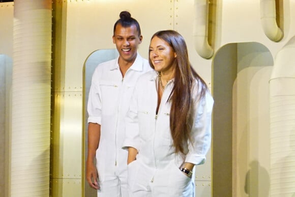 Le chanteur Stromae, sa femme Coralie Barbier (styliste) et son frère Luc Junior Tam (directeur artistique) sont venus présenter au Bon Marché la 5 ème collection de vêtements de leur marque Moseart.