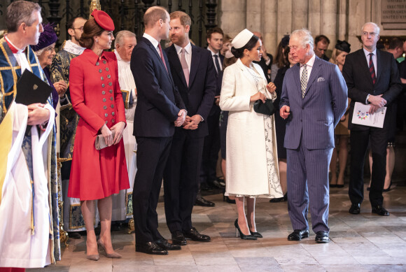 Catherine Kate Middleton, duchesse de Cambridge, le prince William, duc de Cambridge, le prince Harry, duc de Sussex, Meghan Markle, enceinte, duchesse de Sussex, le prince Charles, prince de Galles lors de la messe en l'honneur de la journée du Commonwealth à l'abbaye de Westminster à Londres le 11 mars 2019.
