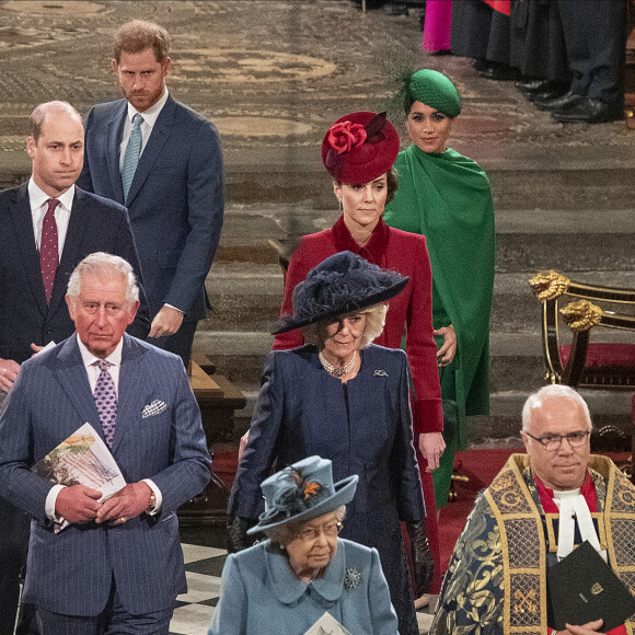 La reine Elisabeth II d'Angeleterre, le prince Charles et Camilla Parker-Bowles duchesse de Cornouailles, le prince William, duc de Cambridge, et Kate Catherine Middleton, duchesse de Cambridge, le prince Harry, duc de Sussex, Meghan Markle, duchesse de Sussex - La famille royale d'Angleterre lors de la cérémonie du Commonwealth en l'abbaye de Westminster à Londres. Le 9 mars 2020
