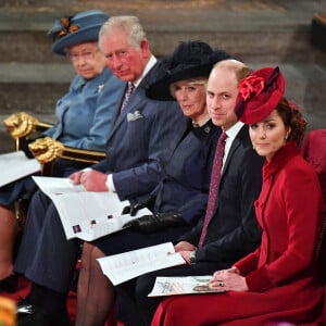 Kate Catherine Middleton, duchesse de Cambridge, le prince William, duc de Cambridge, Camilla Parker Bowles, duc hesse de Cornouailles, le prince Charles et la reine Elisabeth II d'Angleterre - La famille royale d'Angleterre lors de la cérémonie du Commonwealth en l'abbaye de Westminster à Londres.