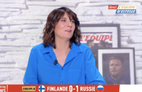 Estelle Denis se moque du look de Raymond Domenech en direct sur la chaîne L'Équipe