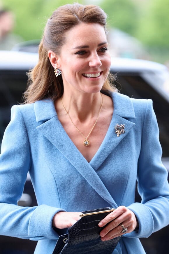 Catherine (Kate) Middleton, duchesse de Cambridge, arrive pour la cérémonie de clôture de l'Assemblée générale de l'Église d'Écosse, à la salle de l'Assemblée à Édimbourg, Ecosse, Royaume Uni, le 27 mai 2021.