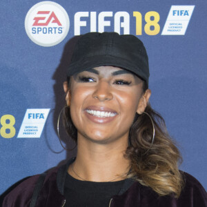 La maquilleuse Léa Djadja et son homme Black M - Lancement du jeu vidéo de football FIFA 18 (FIFA 2018) à l'établissement public de coopération culturelle parisien "CentQuatre" à Paris, France, le 25 septembre 2017. © Pierre Perusseau/Bestimage