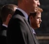 Le Duc de Cambridge (Prince William) et Prince Harry durant les funérailles du Duc d'Edimbourg au Château de Windsor, dans le Berkshire. Le 17 avril 2021.