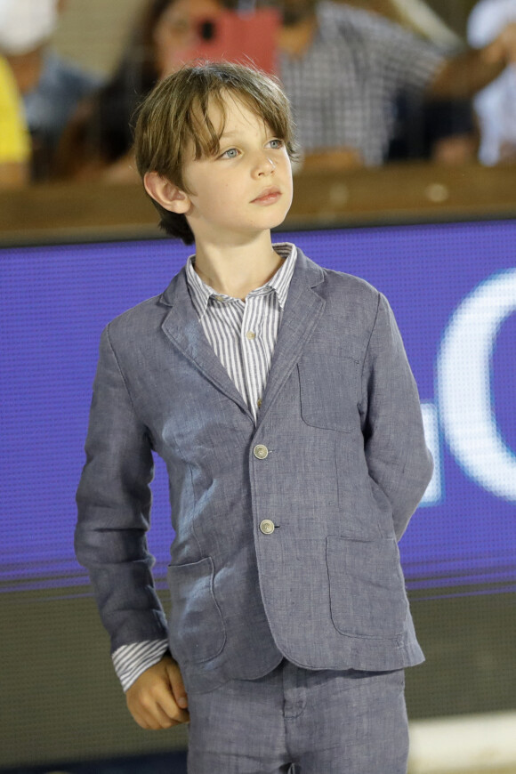 La princesse Caroline de Hanovre avec sa fille, Charlotte Casiraghi, et son petit-fils Raphaël Elmaleh, 7 ans (qui fait sa première participation officielle à une manifestation monégasque), en compagnie de Diane Fissore (présidente de la Fédération Equestre Monégasque et organisatrice du Jumping), de Jan Tops (ancien cavalier international, créateur du Longines Global Champions Tour) et Matthias Breschan (PDG de Longines), ont remis le prix du Prince Souverain lors de la dernière journée de la 15ème édition du Longines Global Champions Tour Jumping International de Monaco, qui a lieu sur le port Hercule à Monaco. C'est le cavalier irlandais Darragh Kenny qui a terminé premier, suivi de l'autrichien Max Kuhner et du belge Olivier Philippaerts. Monaco, le 3 juillet 2021. © Claudia Albuquerque/Bestimage 