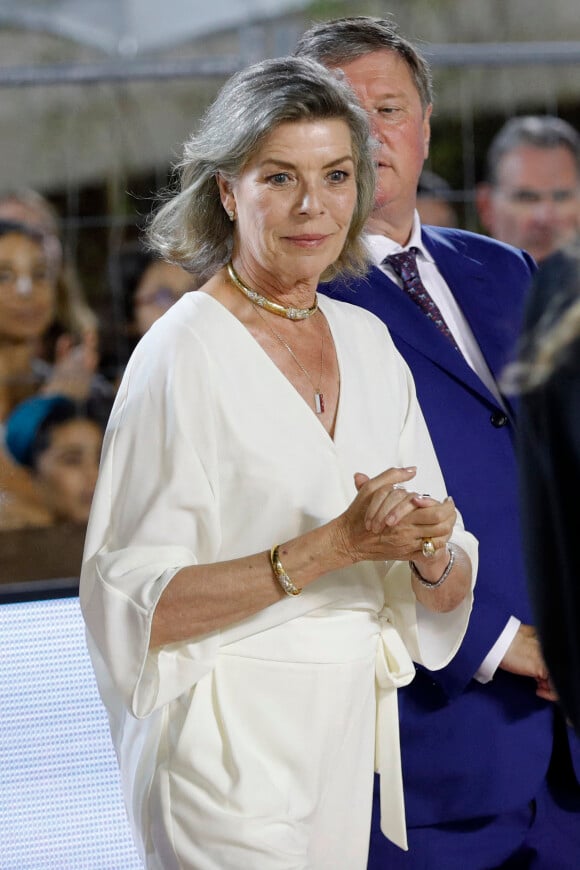 La princesse Caroline de Hanovre avec sa fille, Charlotte Casiraghi, et son petit-fils Raphaël Elmaleh, 7 ans (qui fait sa première participation officielle à une manifestation monégasque), en compagnie de Diane Fissore (présidente de la Fédération Equestre Monégasque et organisatrice du Jumping), de Jan Tops (ancien cavalier international, créateur du Longines Global Champions Tour) et Matthias Breschan (PDG de Longines), ont remis le prix du Prince Souverain lors de la dernière journée de la 15ème édition du Longines Global Champions Tour Jumping International de Monaco, qui a lieu sur le port Hercule à Monaco. C'est le cavalier irlandais Darragh Kenny qui a terminé premier, suivi de l'autrichien Max Kuhner et du belge Olivier Philippaerts. Monaco, le 3 juillet 2021. © Claudia Albuquerque/Bestimage