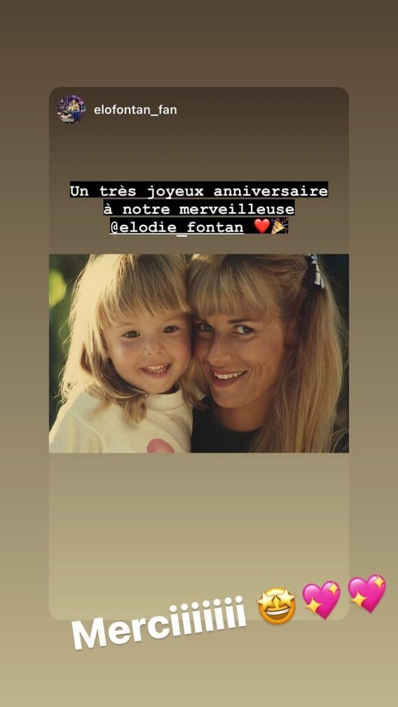 Elodie Fontan remercie ses fans pour leurs voeux d'anniversaire. Juillet 2021