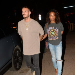 Exclusif - M. Pokora et sa compagne Christina Milian à la sortie du VIP Room à Saint-Tropez, le 17 août 2018. © Rachid Bellak/Bestimage