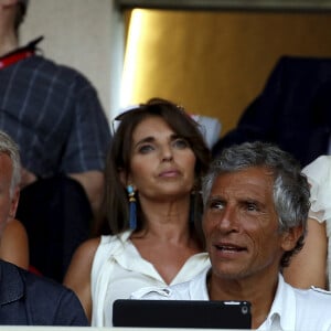 Didier Deschamps, Nagui et le footballeur Cyril Rool en tribune lors du match de football Monaco - Lille au stade Louis II à Monaco le 18 août 2018. © Jean-François Ottonello / Nice Matin / Bestimage