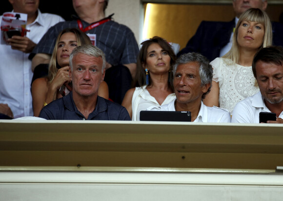 Didier Deschamps, Nagui et le footballeur Cyril Rool en tribune lors du match de football Monaco - Lille au stade Louis II à Monaco le 18 août 2018. © Jean-François Ottonello / Nice Matin / Bestimage