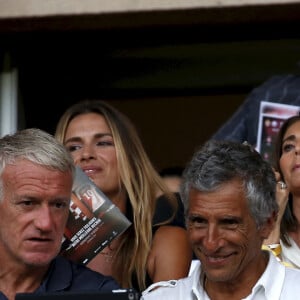 Didier Deschamps, Nagui et le footballeur Cyril Rool en tribune lors du match de football Monaco - Lille au stade Louis II à Monaco le 18 août 2018. © Jean-François Ottonello / Nice Matin / Bestimage