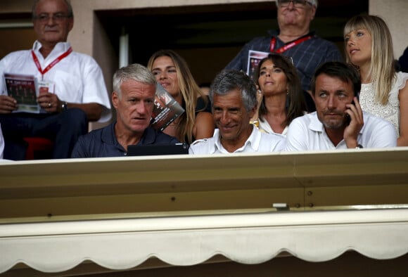 Didier Deschamps, Nagui et le footballeur Cyril Rool en tribune lors du match de football Monaco - Lille au stade Louis II à Monaco le 18 août 2018. © Jean-François Ottonello / Nice Matin / Bestimage