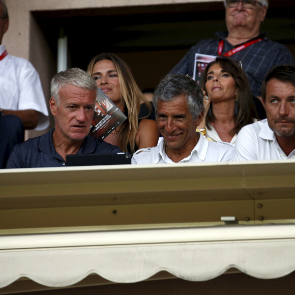 Didier Deschamps, Nagui et le footballeur Cyril Rool en tribune lors du match de football Monaco - Lille au stade Louis II à Monaco le 18 août 2018. © Jean-François Ottonello / Nice Matin / Bestimage