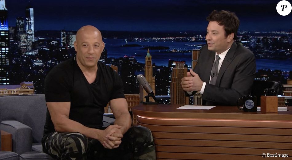 Vin Diesel est ému lorsqu'il parle de son travail au côté de son fils Vincent (10 ans) dans le film "Fast & Furious 9" sur le plateau de l'émission "The Tonight Show". Le 22 juin 2021.