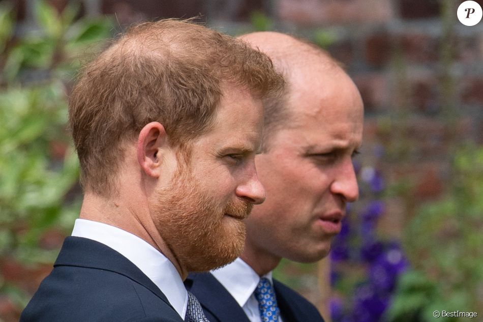 Le prince William et son frère le prince Harry - Inauguration de la statue de leur mère, la princesse Diana, dans les jardins de Kensington Palace. Londres.