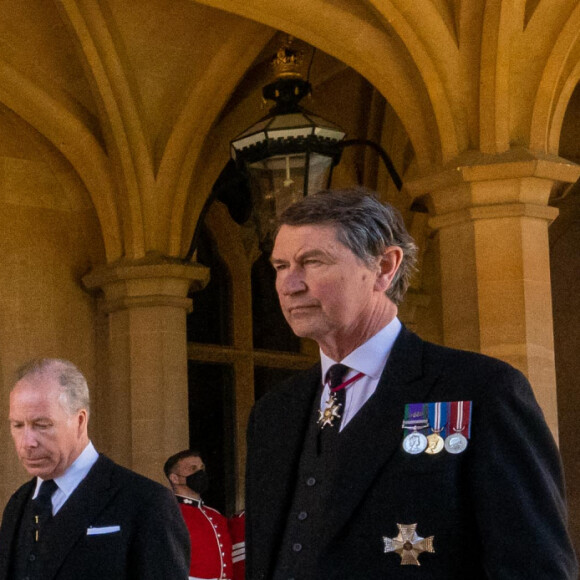 Le prince Andrew, le prince Edward, le prince William, Peter Phillips, le prince Harry - Arrivées aux funérailles du prince Philip, duc d'Edimbourg à la chapelle Saint-Georges du château de Windsor, le 17 avril 2021.