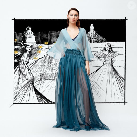 Iris Law habillée en Dior par la styliste Maria Grazia Chiuri pour vivre l'expérience du défilé de mode digital RTW Prêt-à-porter Automne-Hiver 2021/2022 à Paris. © Dior via Bestimage