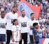 CEREMONIE - HOMMAGE - PRESENTATION DES NOUVELLES RECRUES DU PSG - 30 LIONEL LEO MESSI (PSG) - 04 SERGIO RAMOS (PSG) - 02 ACHRAF HAKIMI (PSG) - 50 GIANLUIGI DONNARUMMA (PSG) - 18 GEORGINIO WIJNALDUM (PSG) - Présentation des joueurs - Match de football en ligue 1 Uber Eats : Le PSG (Paris Saint-Germain) remporte la victoire 4-2 contre Strasbourg au Parc des Princes.. Pas de jauge pour ce match, le Parc des Princes est rempli au maximum de sa capacité, une première depuis 18 mois. © Philippe Lecoeur / Panoramic / Bestimage  Soccer match PSG vs Strasbourg (4-2) at Parc des Princes stadium in Paris on august 14th 2021