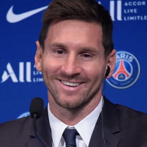 Conférence de presse de Lionel Leo Messi à l'auditorium du Parc des Princes à Paris le 11 août 2021. © Federico Pestellini / Panoramic / Bestimage