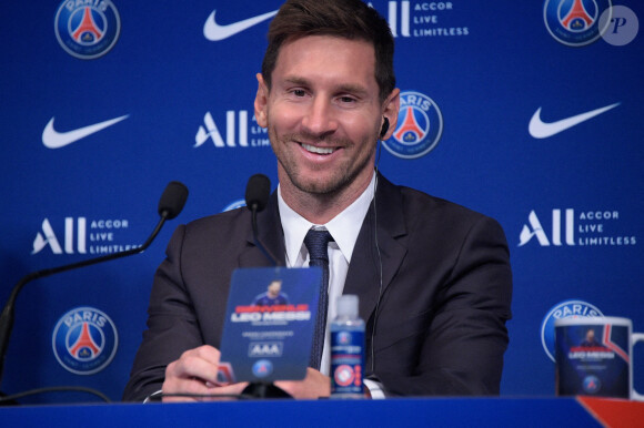 Conférence de presse de Lionel Leo Messi à l'auditorium du Parc des Princes à Paris le 11 août 2021. © Federico Pestellini / Panoramic / Bestimage