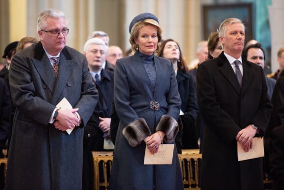 Le prince Laurent, la reine Mathilde et le roi Philippe de Belgique - La famille royale de Belgique assiste à une messe en l'église Notre-Dame de Laeken, en mémoire des membres décédés de leur famille. Belgique, Bruxelles, 19 février 2019.