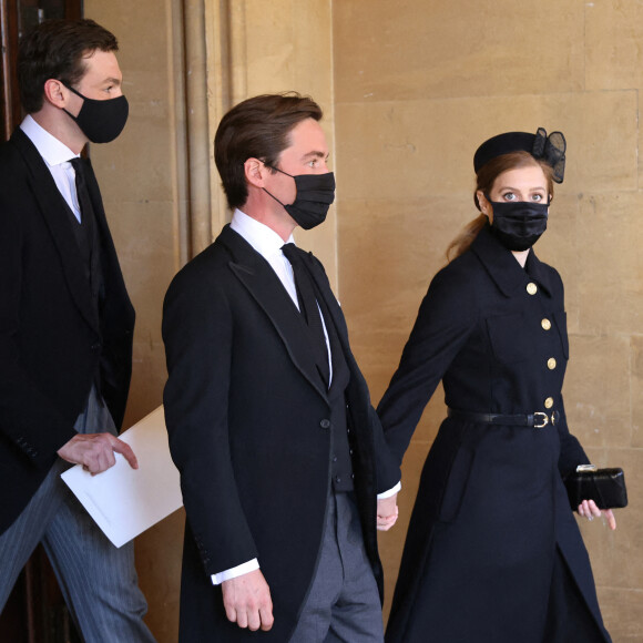 La princesse Beatrice d'York et son mari Edoardo Mapelli Mozzi - Arrivées aux funérailles du prince Philip, duc d'Edimbourg à la chapelle Saint-Georges du château de Windsor, le 17 avril 2021.