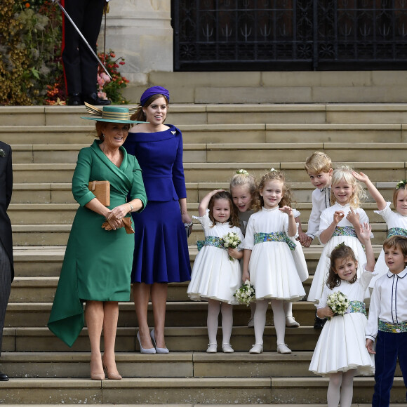 Sarah Ferguson, la princesse Beatrice d'York, le prince Andrew, duc d'York, Thomas Brooksbank, le prince George, la princesse Charlotte, Theodora Williams, la fille de Robbie Williams - Sorties après la cérémonie de mariage de la princesse Eugenie d'York et Jack Brooksbank en la chapelle Saint-George au château de Windsor le 12 octobre 2018